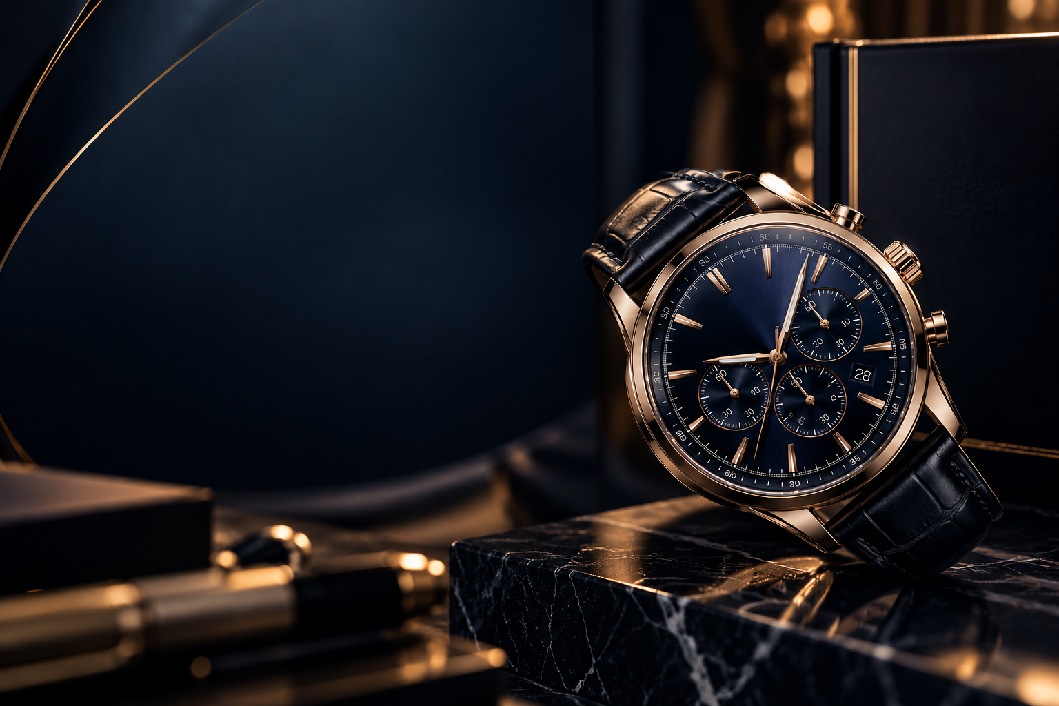 Gold-tone chronograph with a dark dial and black leather strap displayed on marble.