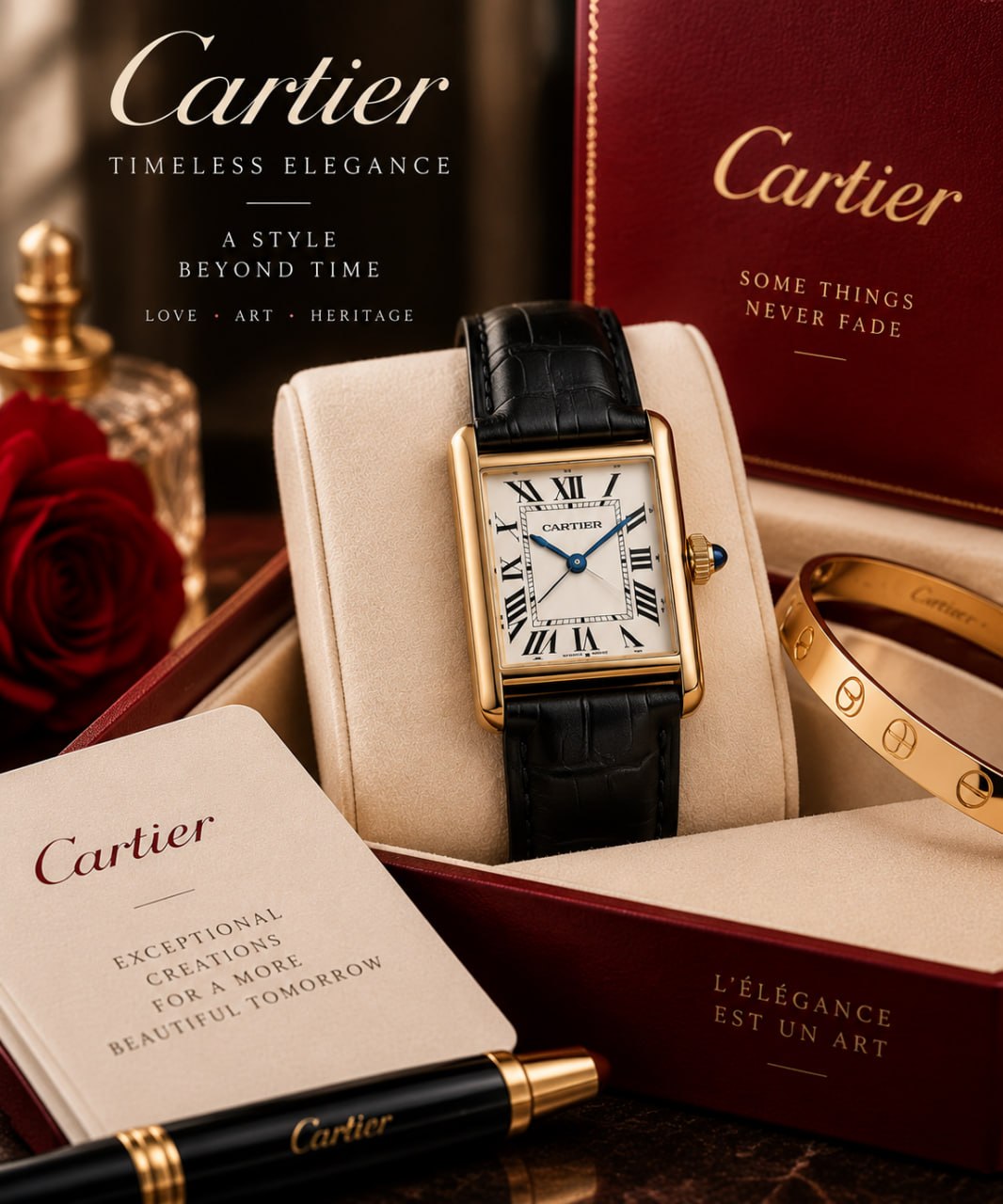 Cartier dress watch with a black leather strap
