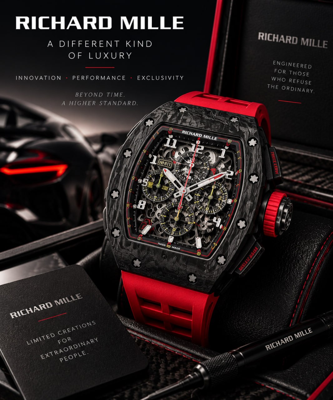 Richard Mille skeleton watch with a red strap