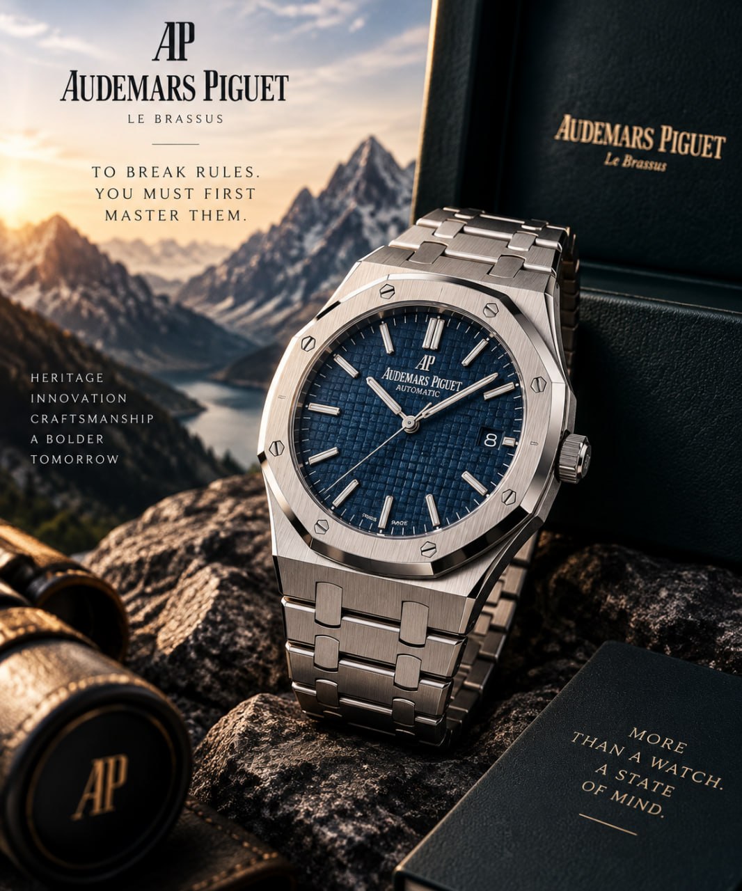Steel Audemars Piguet watch with a blue dial