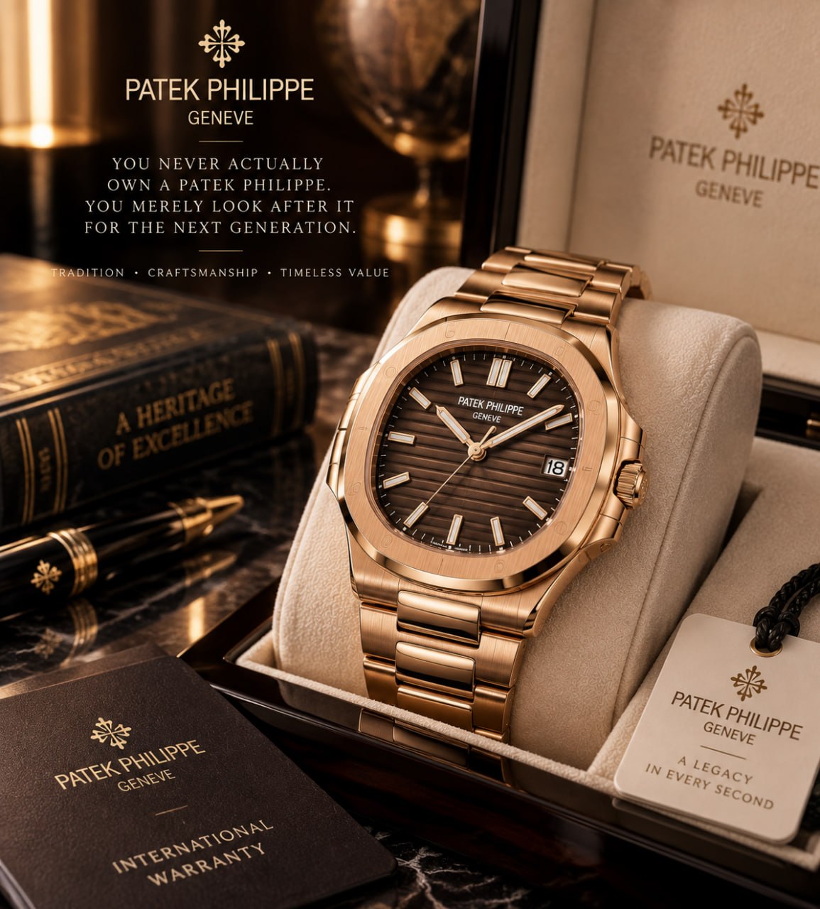 Patek Philippe watch with a warm brown dial and gold bracelet.